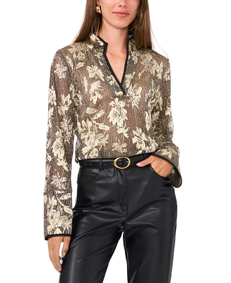 Vince Camuto Women's Metallic Floral-Print Split-Neck Top