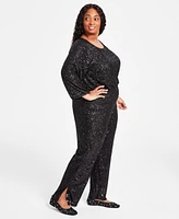 Jm Collection Plus Sequin Wide-Leg Split-Hem Pants, Created for Macy's