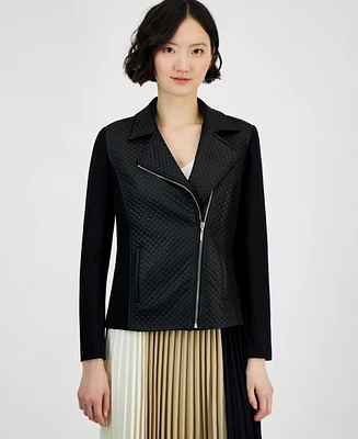 Anne Klein Women's Mixed-Media Asymmetric-Zip Jacket