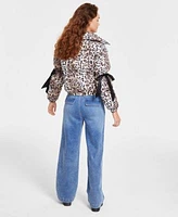 Juniors Long Sleeve Portrait Neck Top Wide Leg Jeans Bow Sleeve Puffer Jacket