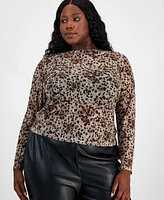 Bar Iii Trendy Plus Cheetah-Print Mesh Crewneck Top, Created for Macy's