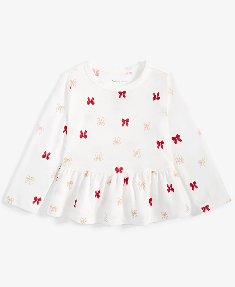 First Impressions Baby Girls Delicate Bow Printed Long-Sleeve Peplum T-Shirt, Created for Macy's