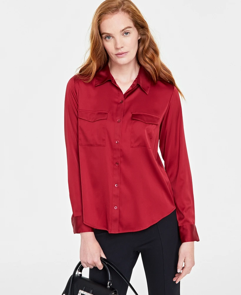 On 34th Women's Button-Front Long-Sleeve Satin Utility Shirt, Created for Macy's