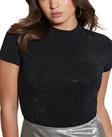 Guess Women's Rhinestone-Logo Mock-Neck Short-Sleeve Top