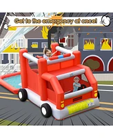 Costway Fire Truck Themed Inflatable Castle Water Park Kids Bounce House w/ 480W Blower