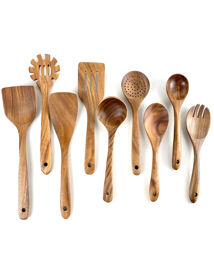 Sugift 9-Piece Natural Teak Wooden Kitchen Utensils Set