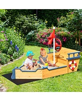 Kids Pirate Boat Wooden Sandbox Children Outdoor Playset