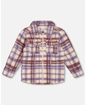 Deux par Toddler Girls Zip Front Sherpa Overshirt Plaid Purple And White - Toddler|Child