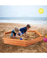 Costway Hexagon Wooden Cedar Sand Box w Seat Boards & Cover & Ground Liner