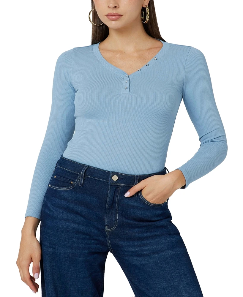 Guess Women's Kyla Ribbed Henley Long-Sleeve Top