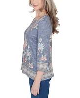 Alfred Dunner Petite Floral Border Split-Neck Top