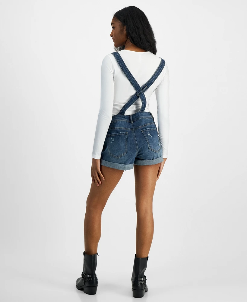 Dollhouse Juniors' Distressed Denim Rolled-Cuff Shortalls