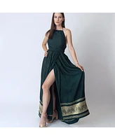 Raas Women's Green Silk Maxi Dress with Golden Weaving Border