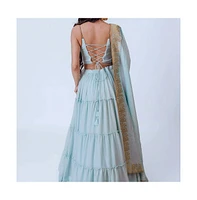 Raas Women's Shimmer Sky Blue Tiered Skirt with Blouse and Dupatta