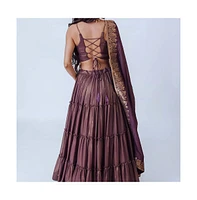 Raas Women's Brownish Purple Shimmer Tiered Lehenga Choli with Golden Accents