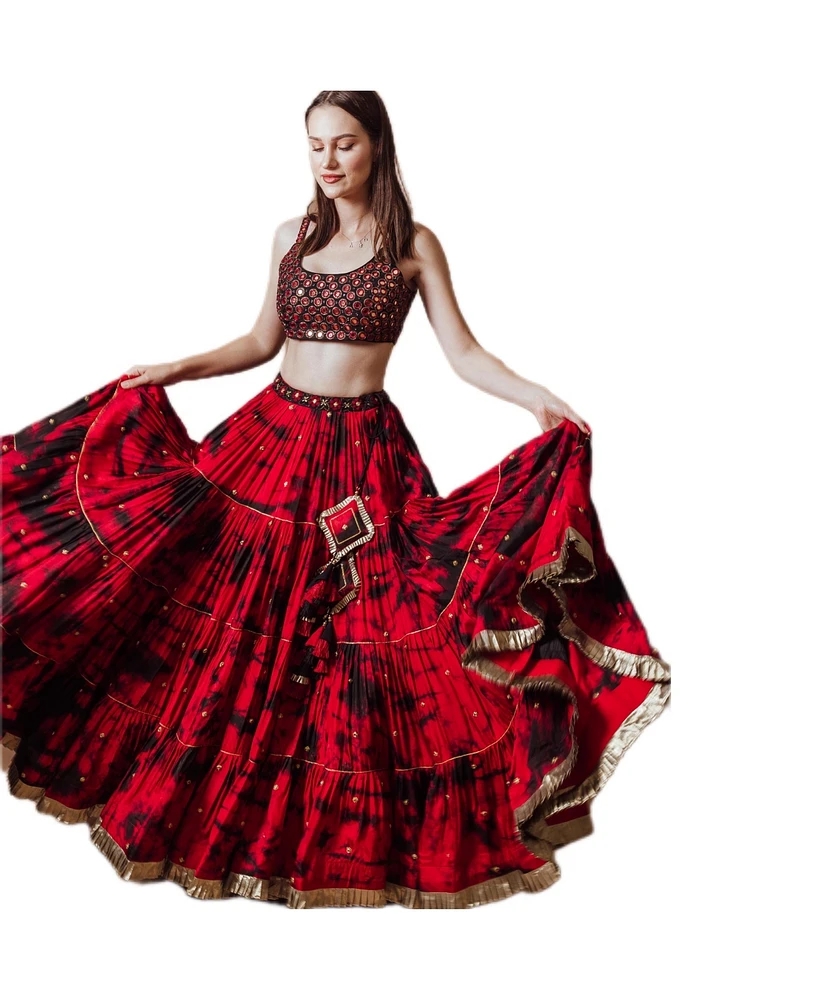 Raas Women's Red and Black Tie Dye Chaniya Choli with Gaji Silk Dupatta