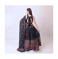 Raas Women's Black Lehenga with Ajrakh Print on the Hem and Hand Embroidered Blouse