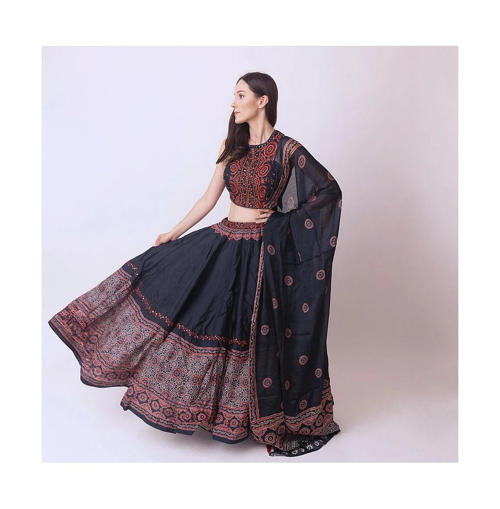 Raas Women's Black Lehenga with Ajrakh Print on the Hem and Hand Embroidered Blouse