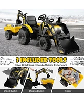 Gymax 3-in-1 Kids Ride On Excavator Bulldozer 12V Electric Tractor Remote w/ Trailer Yellow
