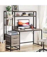 Tribesigns 55 Inch Computer Desk with 2 Drawers and Storage Shelves, Rustic Office Hutch, Study Writing Gaming Table Laptop Workstation for