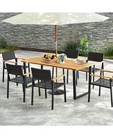 Sugift 6-Person Acacia Wood Outdoor Dining Table with 2 Inch Umbrella Hole