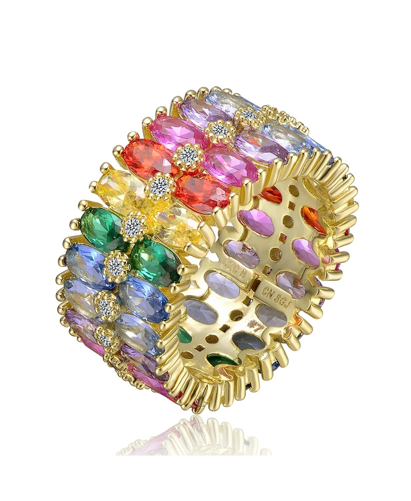 Genevive Sterling Silver 14k Gold Plated Rainbow Cubic Zirconia Cluster Ring