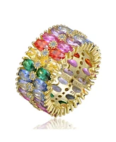 Genevive Sterling Silver 14k Gold Plated Rainbow Cubic Zirconia Cluster Ring