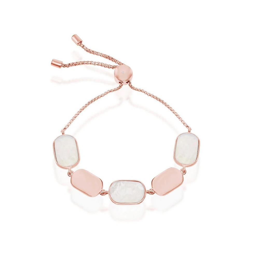 Simona Sterling Silver Alternating Polished and Mother of Pearl Adjustable Bolo Bracelet - Rose Gold Plated