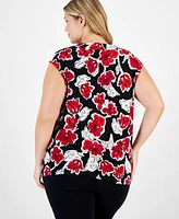 Kasper Plus Floral-Print Cap-Sleeve Cowlneck Top