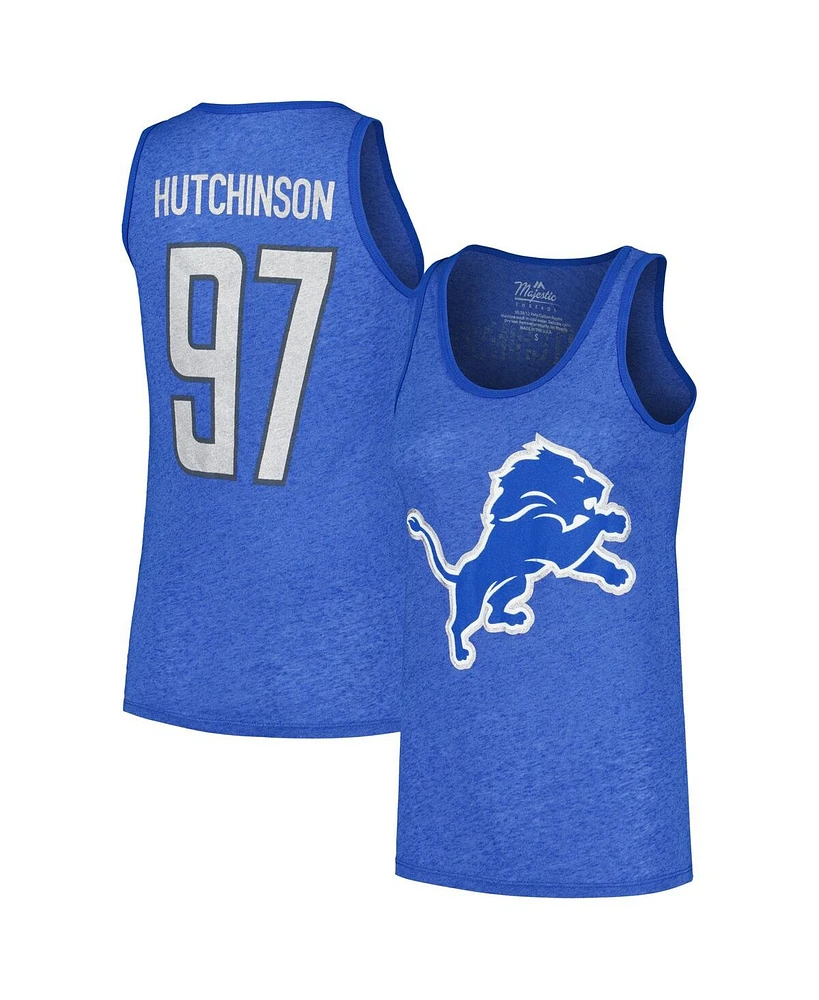 Majestic Women's Aidan Hutchinson Heather Blue Detroit Lions Name Number Tri-Blend Tank Top