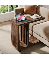 Tribesigns C-Shaped End Table, 2-Tier Side Table for Couch and Bed, Small Couch Table with Lockable Wheels, Wood Bedside Table for Living Room, Bedroo