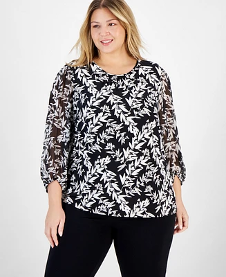 Kasper Plus Leaf-Print Shirred-Neck Blouse