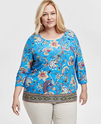 Jm Collection Plus Floral-Print Jacquard 3/4-Sleeve Top, Exclusively at Macy's