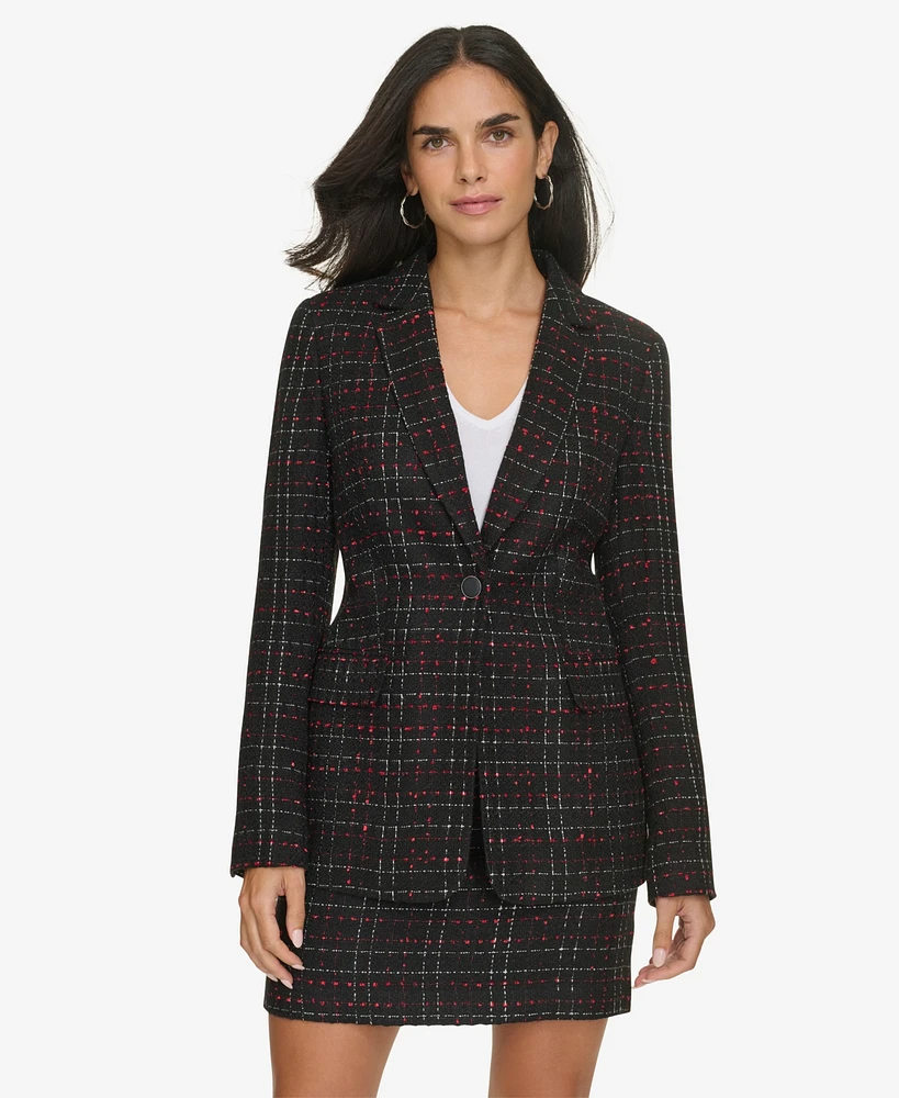 Calvin Klein Women's One-Button Plaid Tweed Blazer