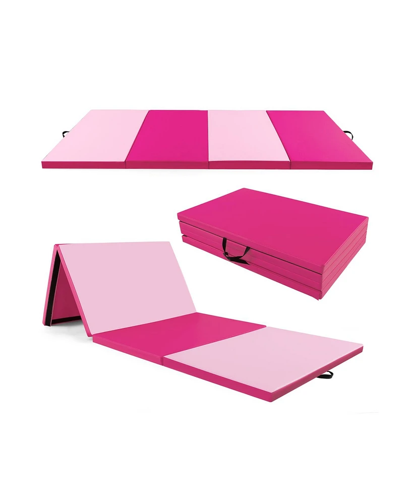 Skonyon 4-Panel Pu Leather Folding Exercise Mat with Carrying Handles-Hot Pink