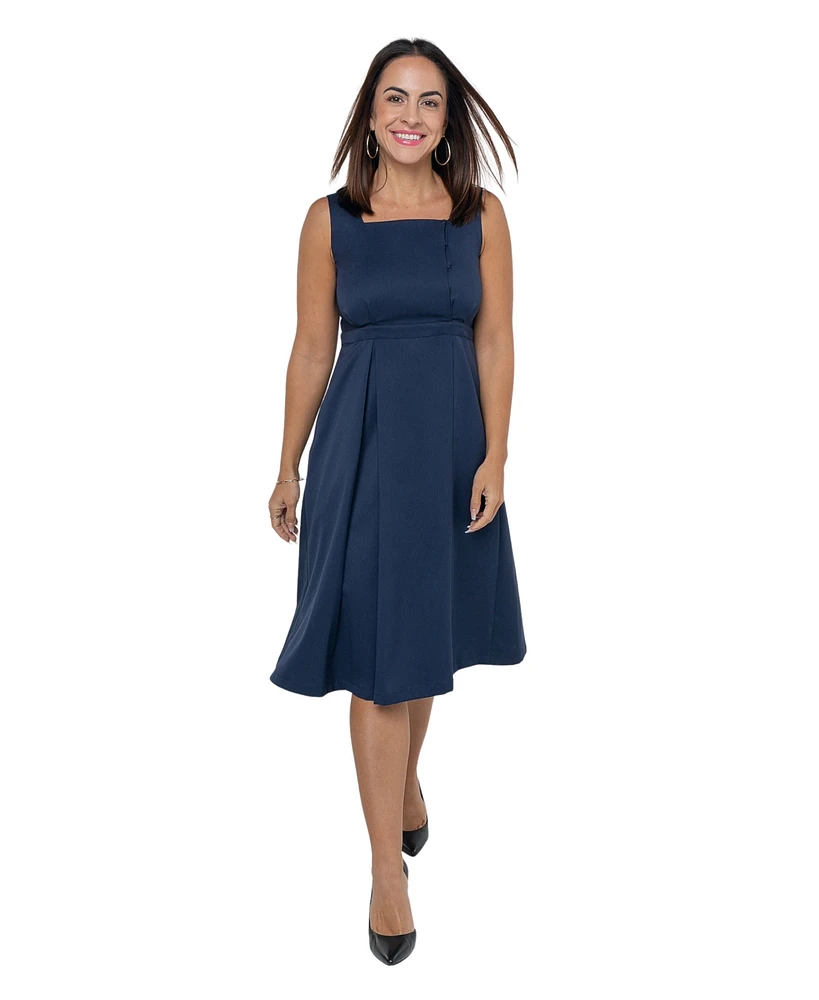 Marion Maternity Sleeveless Empire Waist Nursing Knee Length Tea Dress Navy Italian Light Weight Suiting Fabric