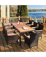 Sugift 9 Pieces Rattan Dining Set with Acacia Wood Table and Stackable Cushioned Chairs