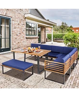 Sugift 8 Pieces Patio Acacia Wood Dining Table Set with Ottoman Cushions