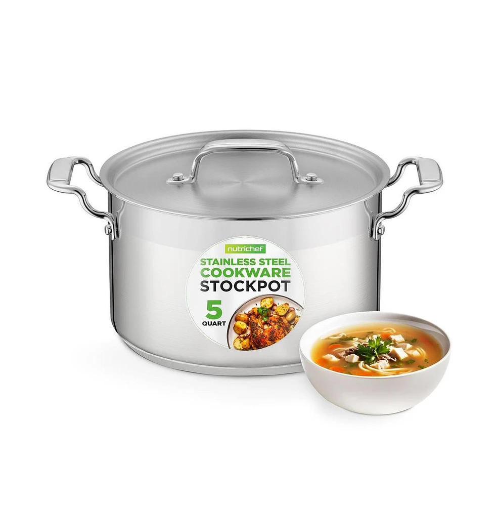 NutriChef Stainless Steel Cookware Stock Pot - 5 Quart, Heavy Duty Induction Pot, Soup Pot With Stainless Steel Lid