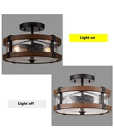 Moose 2-Light Farmhouse Wood Grain Paint with Black Metal Semi Flush Mount Ceiling Light with Seeded Glass