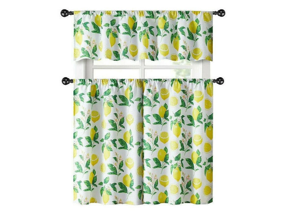 Kate Aurora Country Lemon Vine Complete 3 Piece Kitchen Curtain Tier & Valance Set - 56 in. W x 36 in. L