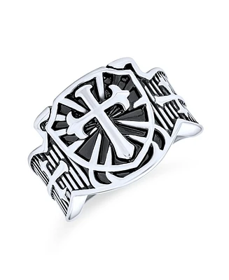 Bling Jewelry Religious Viking Shield Maltase Fleur De Lis Cross Signet Band Ring Oxidized Silver Tone Stainless Steel