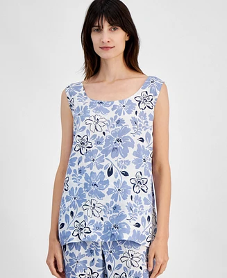 Charter Club Women's Printed Scoop-Neck Linen Sleeveless Top, Created for Macy's