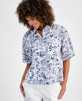 Charter Club Women's Printed Linen Crochet-Trim Shirt, Created for Macy's