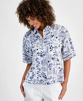 Charter Club Women's Printed Linen Crochet-Trim Shirt, Created for Macy's