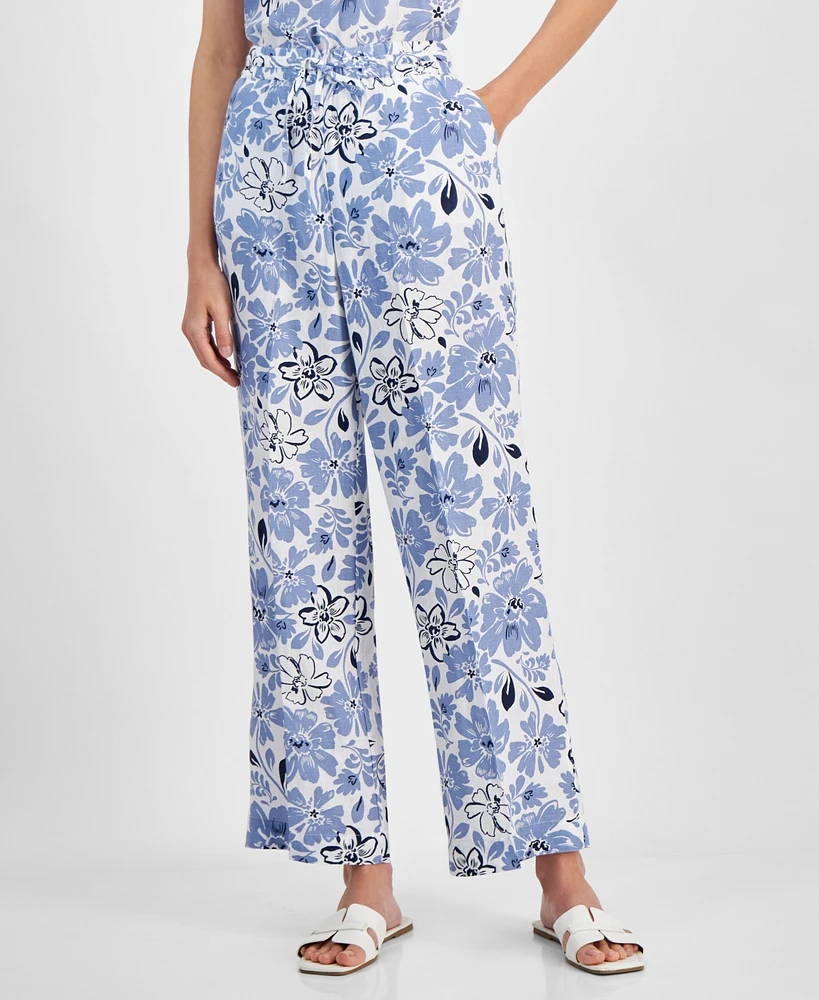 Charter Club Women's Printed Linen Pull-On Pants, Created for Macy's