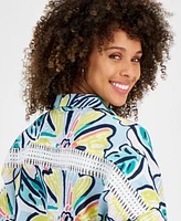 Charter Club Women's Wildflower Linen Crochet-Trim Shirt, Created for Macy's