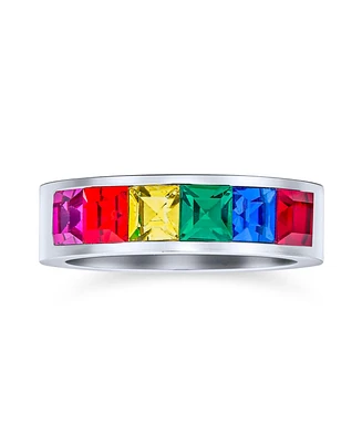 Bling Jewelry Unisex Colorful Couples Cz Rainbow Ring Wedding Band Ring For Women Silver Tone Stainless Steel 8MM