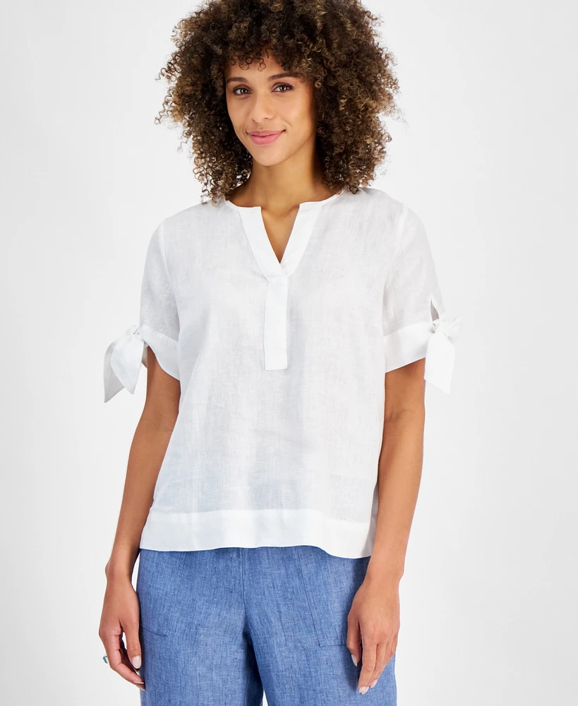 Charter Club Women's 100% Linen Split-Neck Tie-Cuff Top