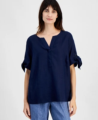 Charter Club Women's 100% Linen Split-Neck Tie-Cuff Top